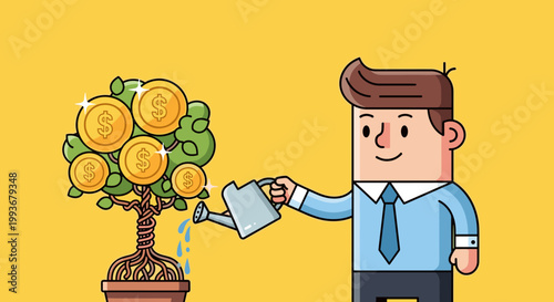 Growing Money Tree Investment Businessman Watering Financial Growth Concept