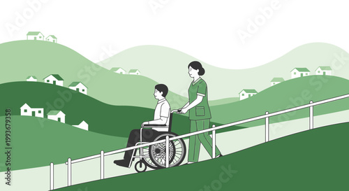 Nurse pushing patient in wheelchair up hill with houses in background