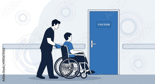 Nurse pushing patient in wheelchair towards X-ray room in hospital corridor