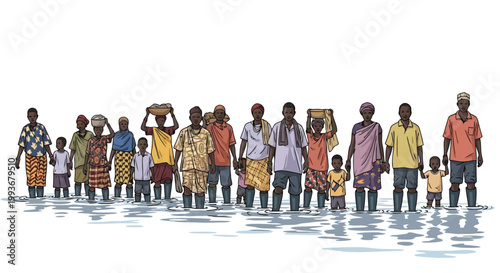 Group of African villagers standing together in shallow flood water during rainy season isolated on white background