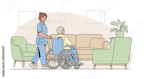 Nurse Pushing Elderly Patient in Wheelchair Through Living Room, Home Care Assistance