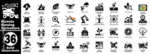 Remote sensing agriculture solid icons set. Smart farming and precision technology, including spectral analysis, drone scan, and moisture level satellite monitor.