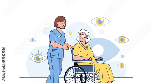 Nurse Pushing Elderly Patient in Wheelchair with Eye Patch, Vision Care Concept