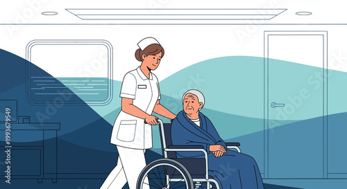 Nurse Pushing Elderly Patient in Wheelchair, Healthcare Assistance and Support