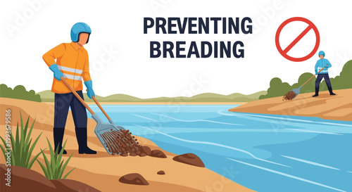 Health worker removing breeding grounds from riverbank for mosquito control isolated on white background