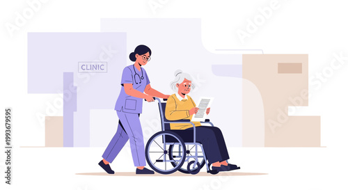 Nurse Pushing Elderly Woman in Wheelchair at Clinic Entrance