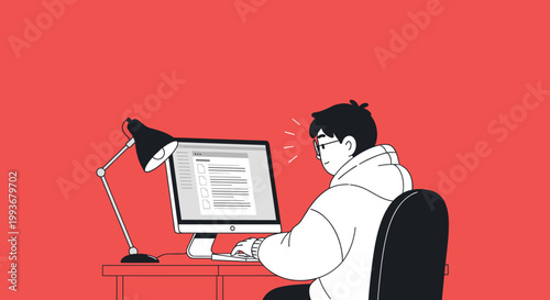 Freelancer Working at Night on Computer Minimal Workspace Productivity Concept