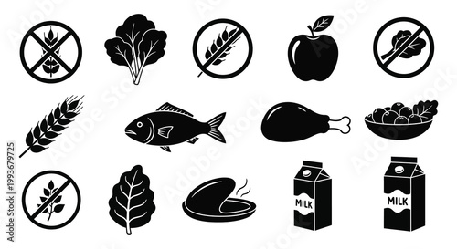 A collection of black silhouettes depicting various food allergens and dietary items presented in a simple style silhouette high quality professional
