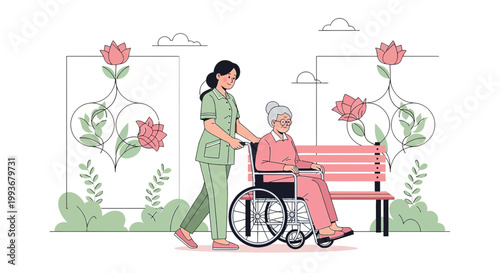 Nurse pushing elderly woman in wheelchair through garden with flowers