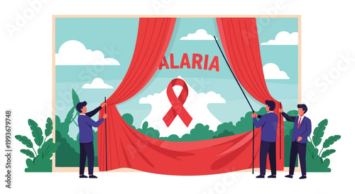Professional team unveiling malaria awareness campaign with red ribbon symbol on large banner isolated on white background