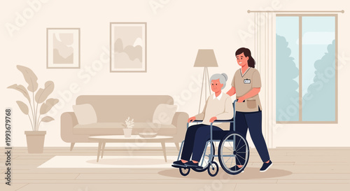 Nurse pushing elderly woman in wheelchair through living room, home care assistance