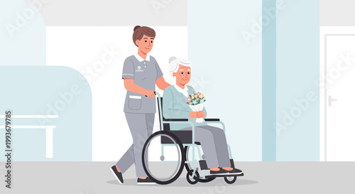 Nurse pushing elderly woman in wheelchair with flowers, care home hallway