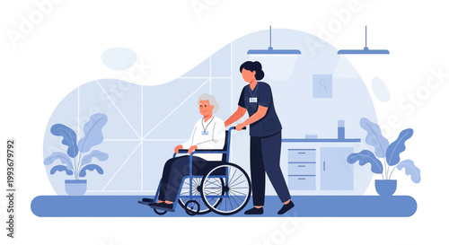 Nurse pushing elderly woman in wheelchair, healthcare, assistance, care, medical, home, hospital