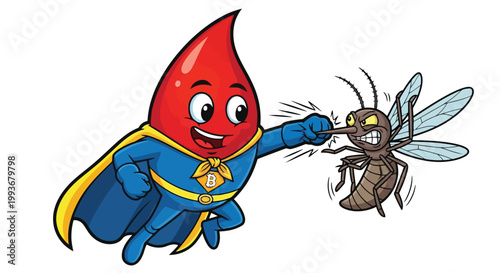 Superhero blood drop character punching aggressive mosquito in cartoon style vector graphic isolated on white background