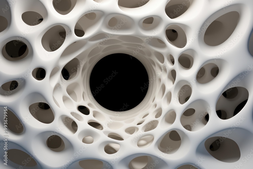 Fototapeta premium White porous organic structure forming an abstract geometric tunnel with a black hole