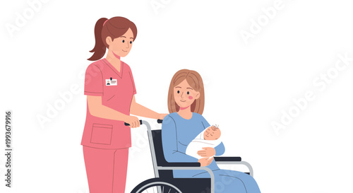 Nurse Pushing Mother With Newborn Baby In Wheelchair After Childbirth