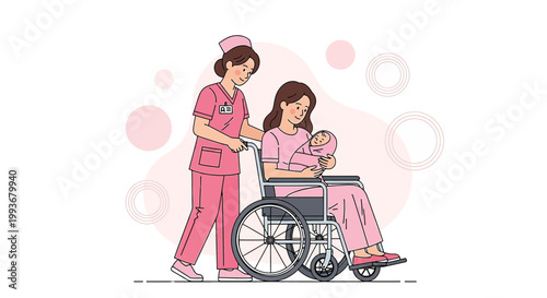 Nurse Pushing Mother With Newborn Baby in Wheelchair After Childbirth