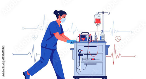 Nurse Pushing Medical Cart with IV Drip and Monitor, Emergency Medical Services Concept