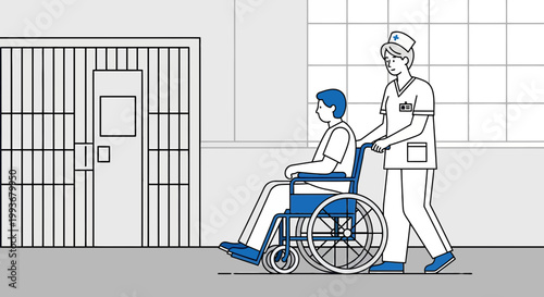 Nurse pushing patient in wheelchair down hospital corridor near prison cells