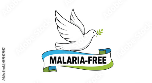 White peace dove holding olive branch above malaria free banner for global health awareness isolated on white background