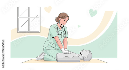 Nurse performing CPR on training dummy, medical education, life saving skills