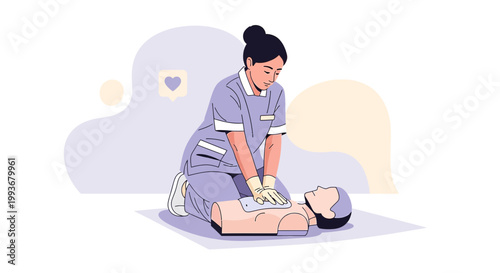 Nurse performing CPR on training dummy, medical education, life saving skills, healthcare concept