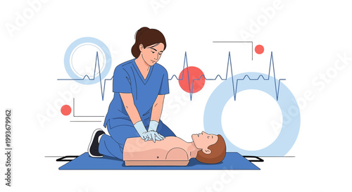 Nurse Performing CPR on Training Manikin with ECG Background