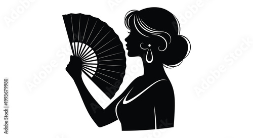 A striking black silhouette depicts a woman elegantly holding a folding fan in a classic pose silhouette high quality professional detailed