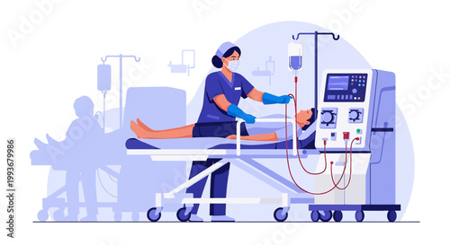 Nurse performing dialysis on a patient in a hospital room with medical equipment