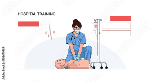 Nurse practicing CPR on dummy for hospital training, medical emergency response