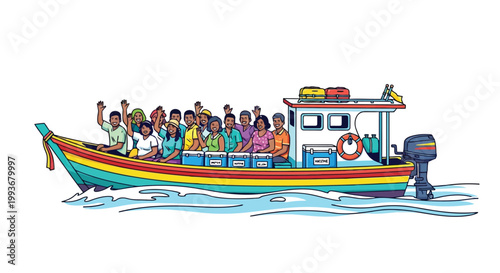 Diverse group of people traveling on colorful boat with medical vaccine supplies for rural community isolated on white background