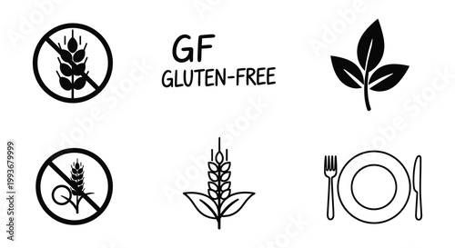 A collection of gluten free symbols including wheat leaves and dining ware presented in stark black silhouette high quality professional detailed modern