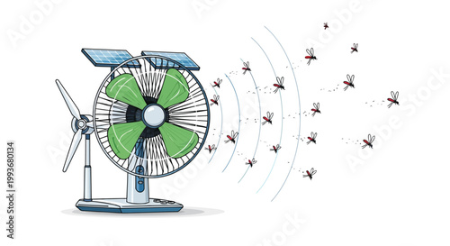 Solar powered electric fan repelling mosquitoes to demonstrate malaria prevention technology vector isolated on white background