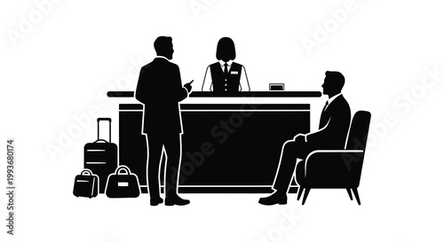 A hotel reception scene depicts guests checking in with staff showcasing a stark black silhouette high quality professional detailed modern elegant