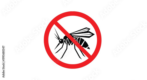 Warning sign with crossed out mosquito icon for pest control awareness isolated on white background