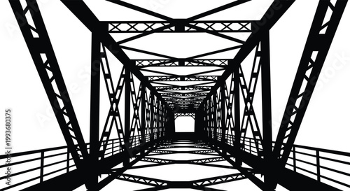 A striking view through a metal truss bridge focusing on its geometric design and stark contrast silhouette high quality professional detailed