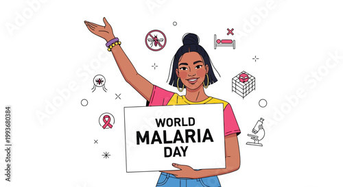 Young woman holding sign for World Malaria Day with health icons isolated on white background