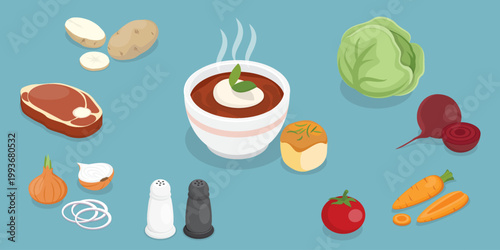 Recipe of Ukrainian national cuisine. Ingredients for borscht meat, onion, tomatoes, cabbage, potatoes, carrots, beets. 3d flat isometric vector illustration.