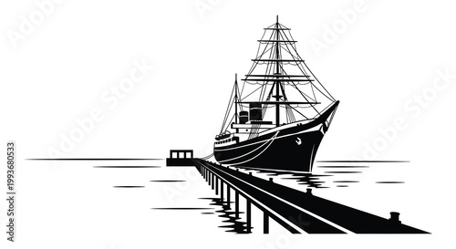 A striking black and white illustration depicts a majestic sailing ship alongside a wooden pier showcasing a bold silhouette high quality