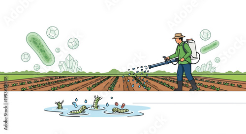Farmer spraying crops with pesticide and pest infestation illustration isolated on white background