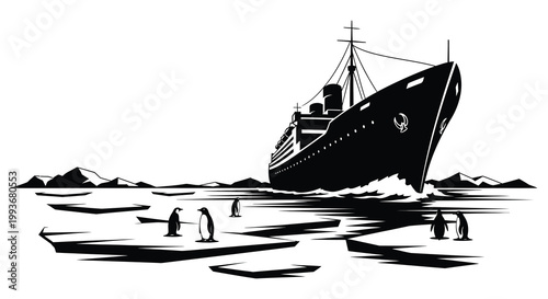 A striking black and white image depicting an ocean liner and penguins amidst ice floes rendered as a silhouette high quality