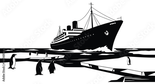 A striking black and white illustration depicts a large ocean liner with penguins amidst ice floes a dramatic silhouette high quality
