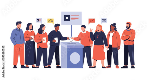 Group of diverse people casting votes at election ballot box isolated on white background