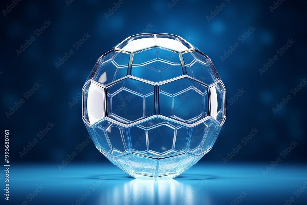 Naklejka premium Futuristic glass soccer ball displaying hexagonal pattern and reflection on glossy surface