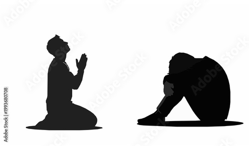 Man Praying and Depression Silhouette Faith Mental Health Vector