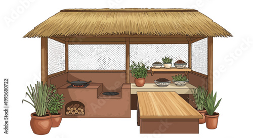 Traditional outdoor cooking hut with thatched roof and clay stove surrounded by potted plants isolated on white background