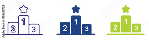 Winner podium icon set showcasing competition ranking platforms, first place award stand, second and third position podiums, and sports trophy pedestal