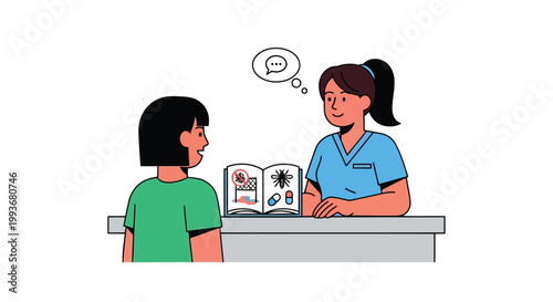 Friendly nurse explaining malaria prevention to young girl in clinic with educational book isolated on white background