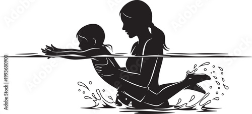 Mother helping child swim, parent teaching son or daughter in water, swimming lesson.