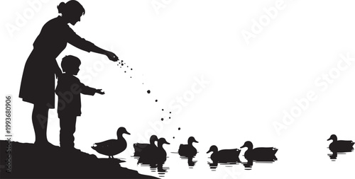 Mother and child feeding ducks, parent with son or daughter at lake or pond.